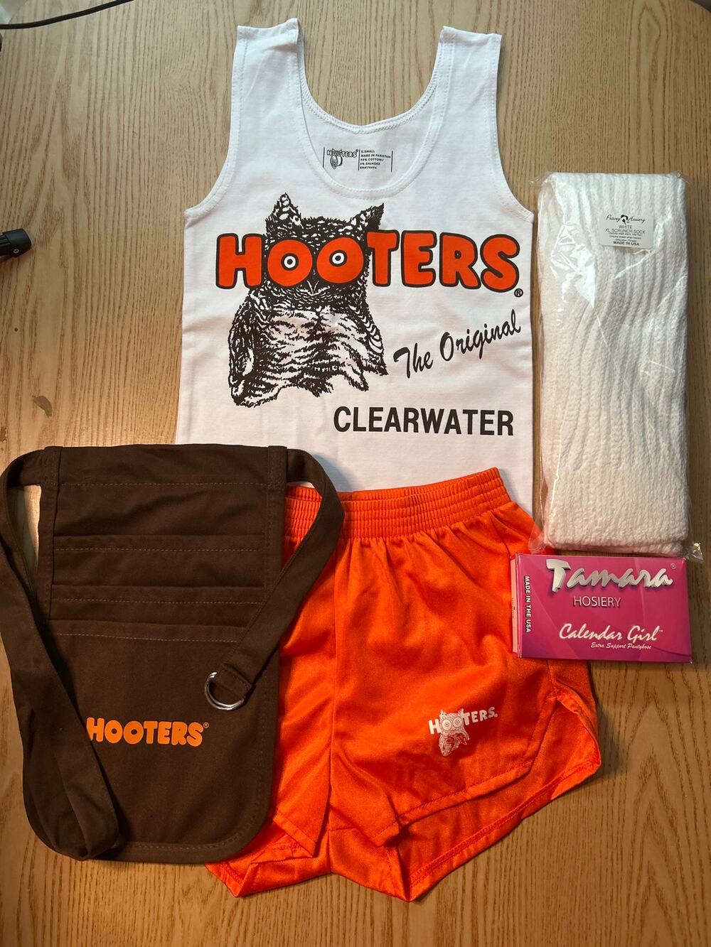 New Hooters Girl Vintage Uniform Tank Dolfin Shorts Pouch Socks Hose Size Xs/Xxs